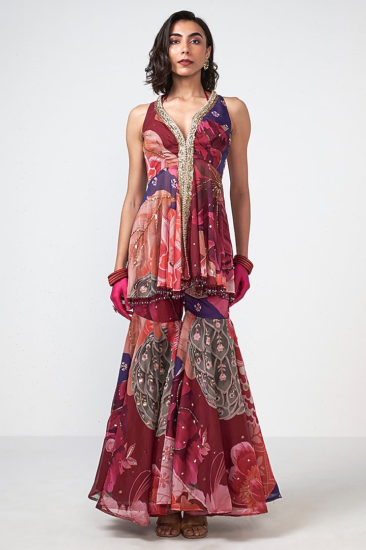 Cherry Red Organza Applique Embroidered Co-Ord Set by Rishi & Vibhuti at Pernia's Pop Up Shop