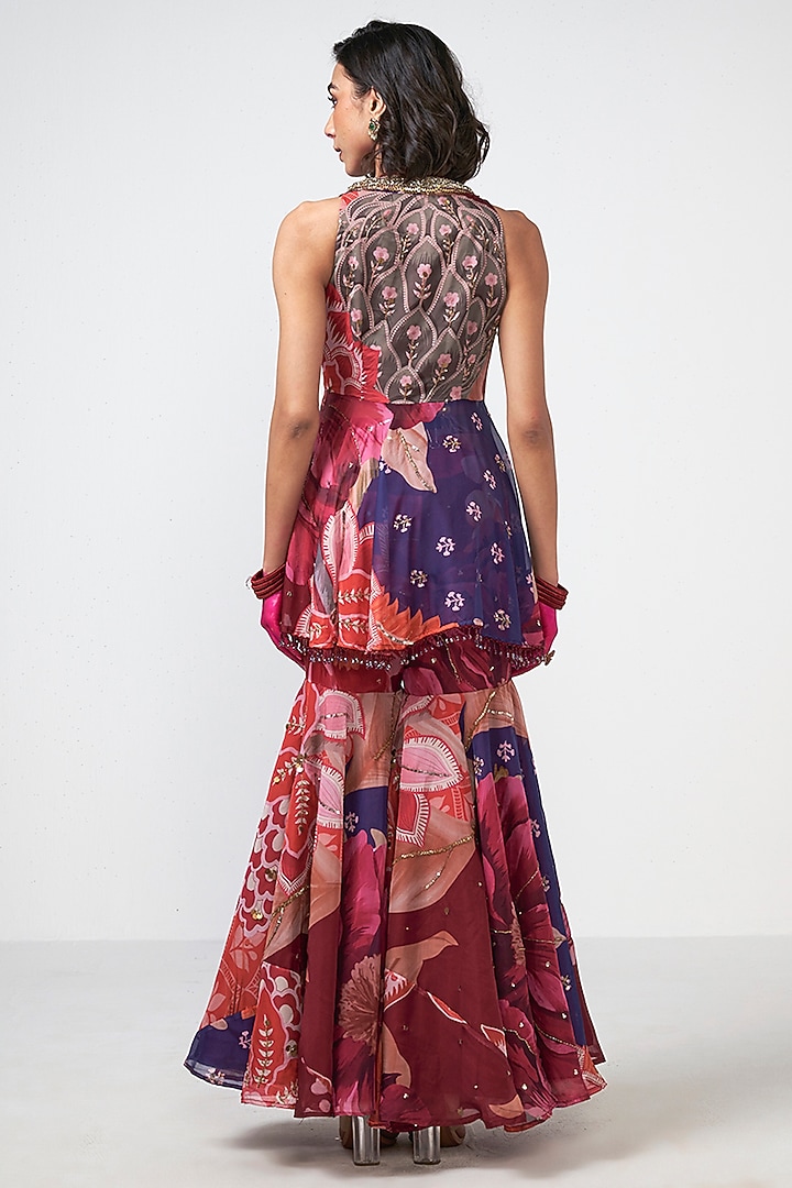 Cherry Red Organza Applique Embroidered Co-Ord Set by Rishi & Vibhuti at Pernia's Pop Up Shop