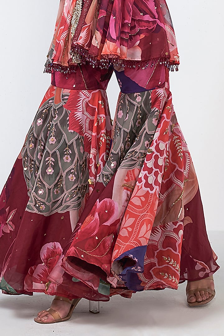 Cherry Red Organza Applique Embroidered Co-Ord Set by Rishi & Vibhuti at Pernia's Pop Up Shop