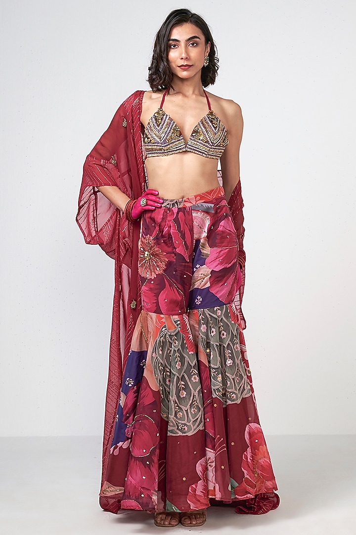 Cherry Red Organza Cutwork Embroidered Cape Set by Rishi & Vibhuti at Pernia's Pop Up Shop