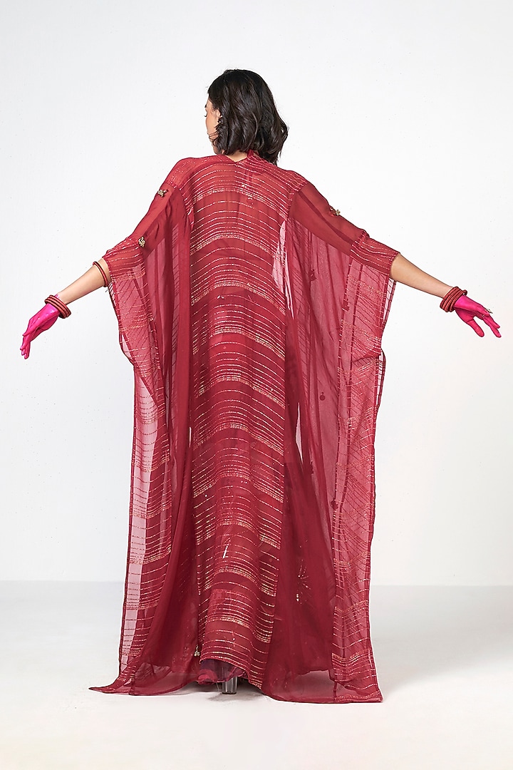 Cherry Red Organza Cutwork Embroidered Cape Set by Rishi & Vibhuti at Pernia's Pop Up Shop
