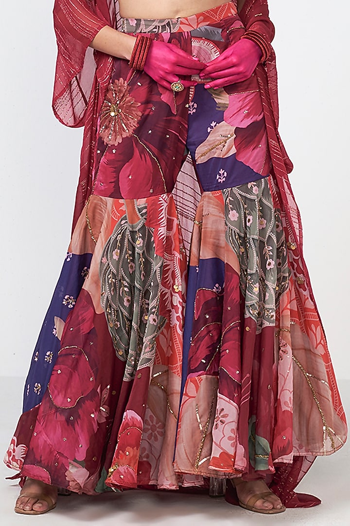 Cherry Red Organza Cutwork Embroidered Cape Set by Rishi & Vibhuti at Pernia's Pop Up Shop