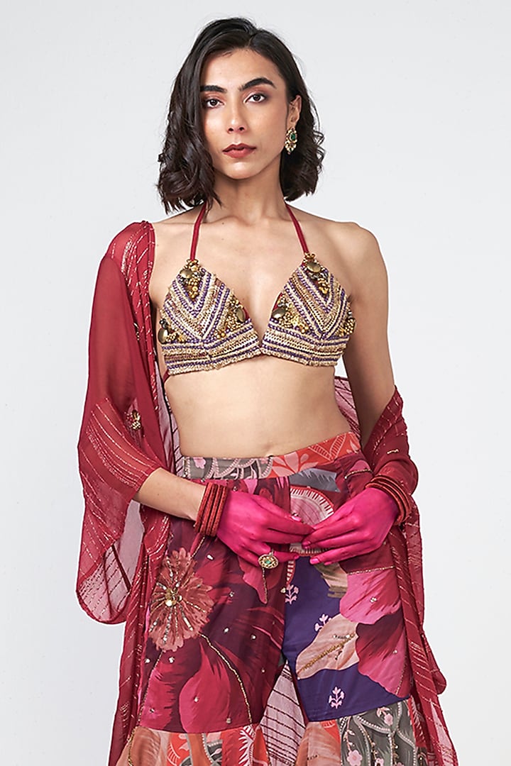 Cherry Red Organza Cutwork Embroidered Cape Set by Rishi & Vibhuti at Pernia's Pop Up Shop