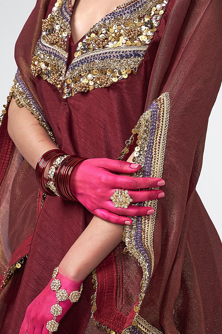 Cola-Colored Crepe Applique Embroidered Jacket Set by Rishi & Vibhuti at Pernia's Pop Up Shop