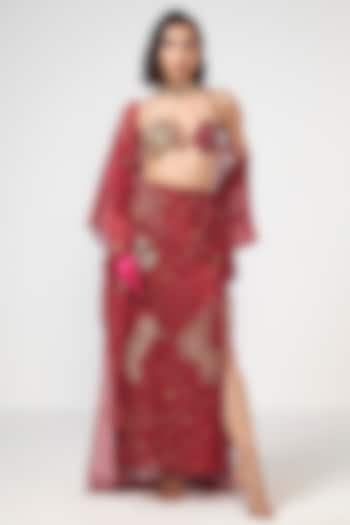 Cherry Red Organza Applique Embroidered Cape Set by Rishi & Vibhuti at Pernia's Pop Up Shop