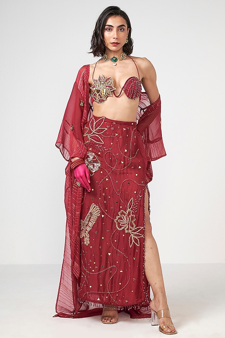 Cherry Red Organza Applique Embroidered Cape Set by Rishi & Vibhuti at Pernia's Pop Up Shop