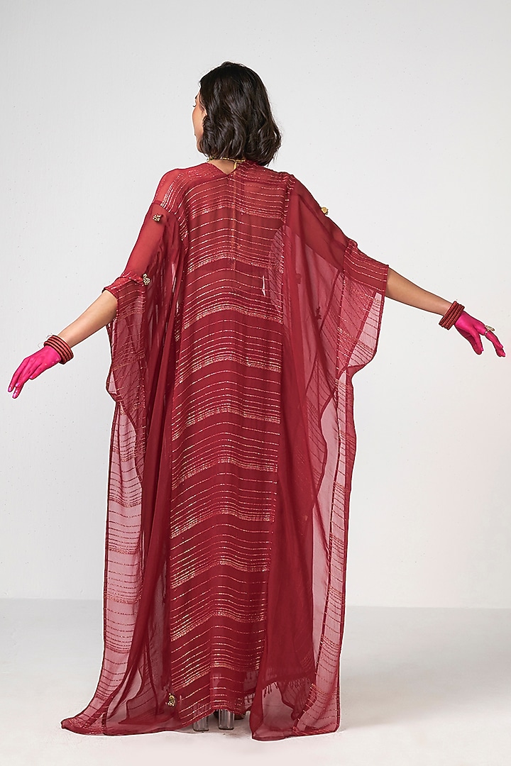 Cherry Red Organza Applique Embroidered Cape Set by Rishi & Vibhuti at Pernia's Pop Up Shop