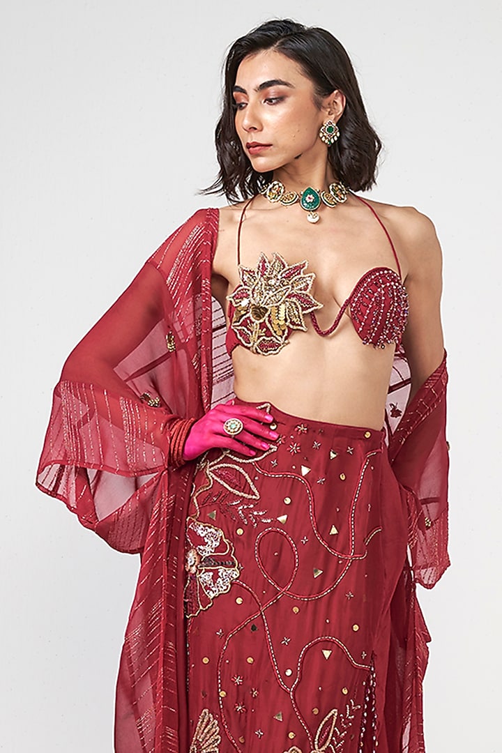 Cherry Red Organza Applique Embroidered Cape Set by Rishi & Vibhuti at Pernia's Pop Up Shop