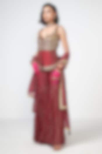 Cherry Red Dupion Applique Embroidered Kurta Set by Rishi & Vibhuti at Pernia's Pop Up Shop