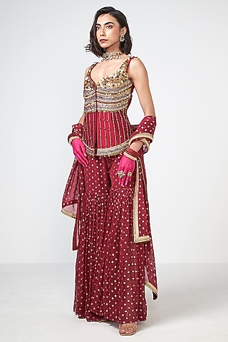 Cherry Red Dupion Applique Embroidered Kurta Set by Rishi & Vibhuti