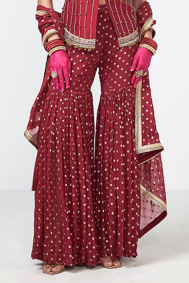 Cherry Red Dupion Applique Embroidered Kurta Set by Rishi & Vibhuti at Pernia's Pop Up Shop