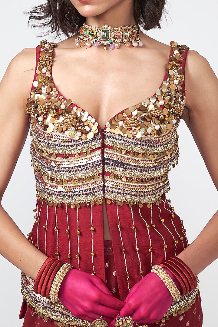 Cherry Red Dupion Applique Embroidered Kurta Set by Rishi & Vibhuti at Pernia's Pop Up Shop