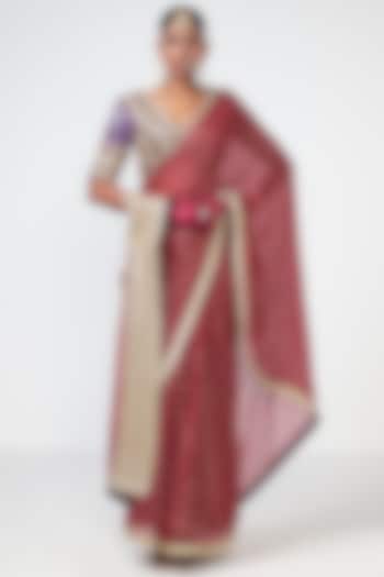 Cherry Red Chanderi Applique Embroidered Wedding Saree Set by Rishi & Vibhuti at Pernia's Pop Up Shop