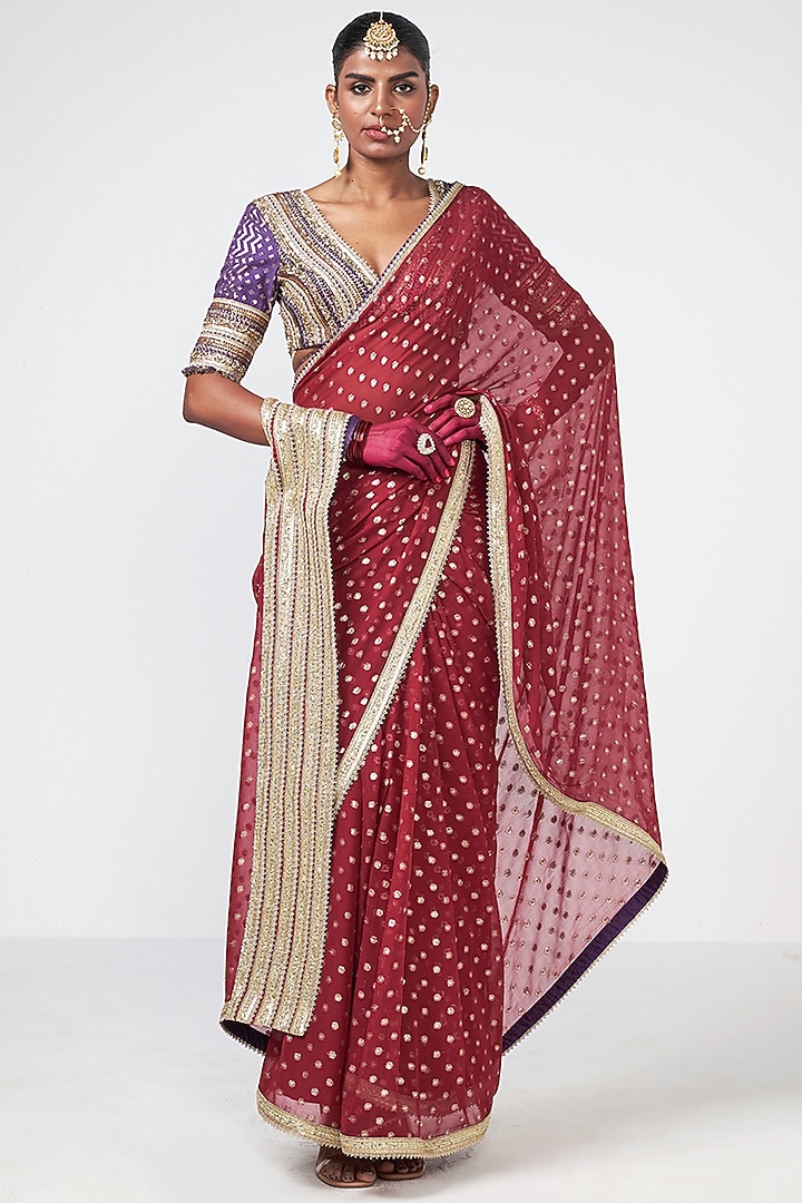 Cherry Red Chanderi Applique Embroidered Wedding Saree Set by Rishi & Vibhuti at Pernia's Pop Up Shop