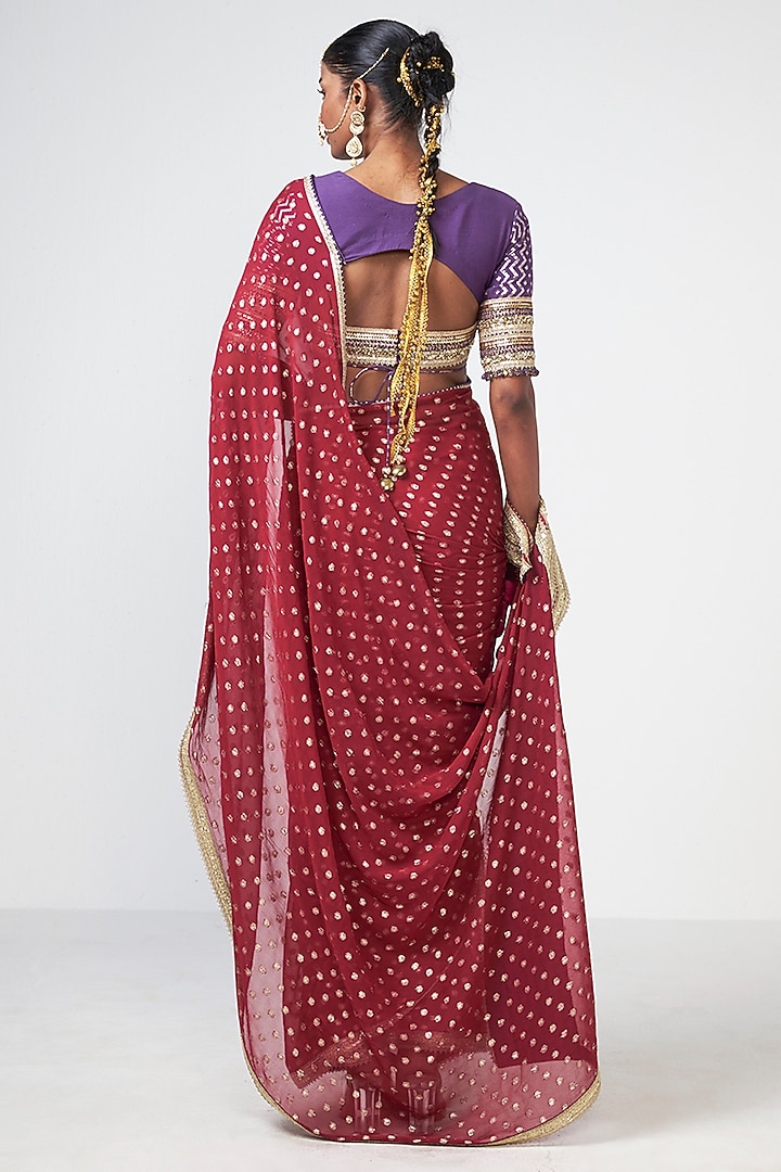 Cherry Red Chanderi Applique Embroidered Wedding Saree Set by Rishi & Vibhuti at Pernia's Pop Up Shop