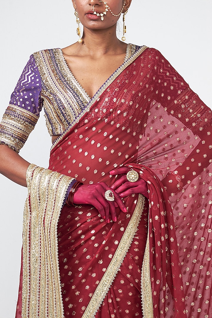 Cherry Red Chanderi Applique Embroidered Wedding Saree Set by Rishi & Vibhuti at Pernia's Pop Up Shop