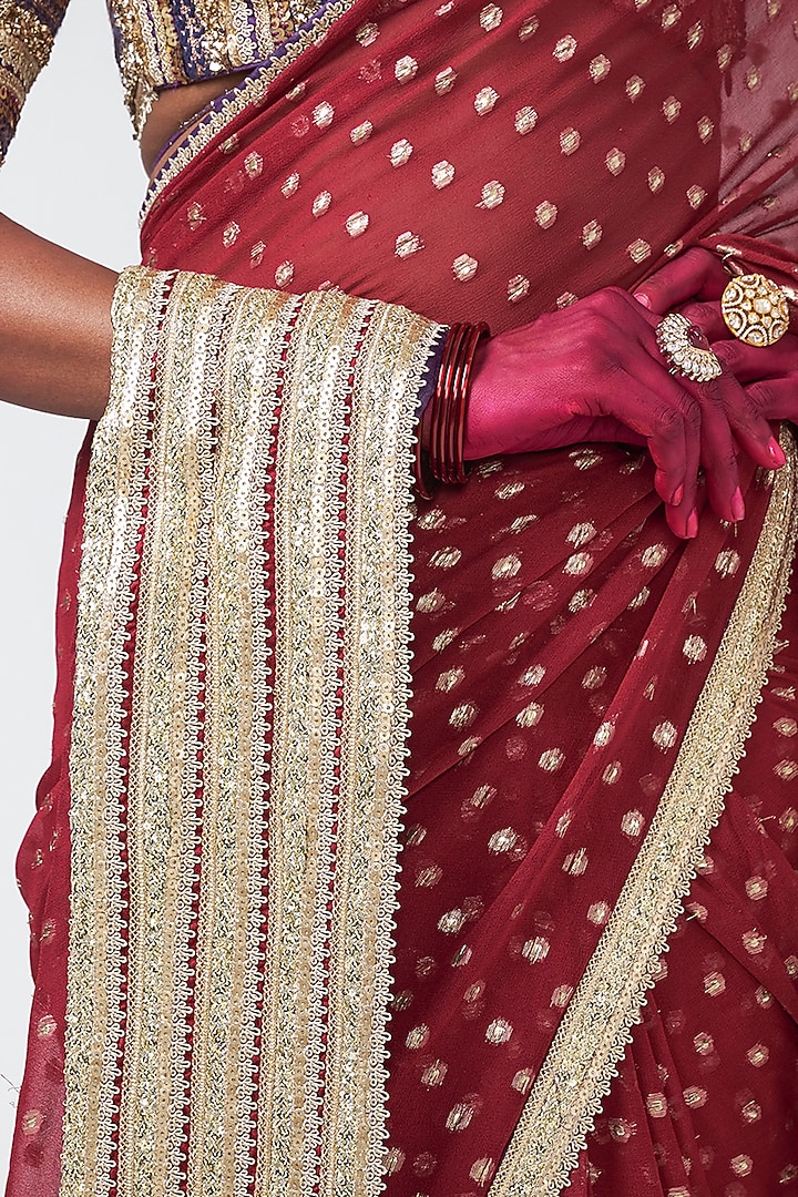 Cherry Red Chanderi Applique Embroidered Wedding Saree Set by Rishi & Vibhuti at Pernia's Pop Up Shop