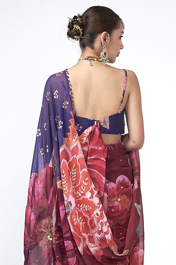 Cherry Red Organza Hand Embroidered Blouse by Rishi & Vibhuti at Pernia's Pop Up Shop