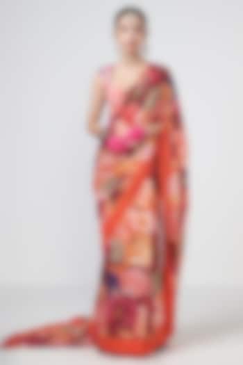 Crimson Red Crepe Coin Embroidered Wedding Saree Set by Rishi & Vibhuti at Pernia's Pop Up Shop