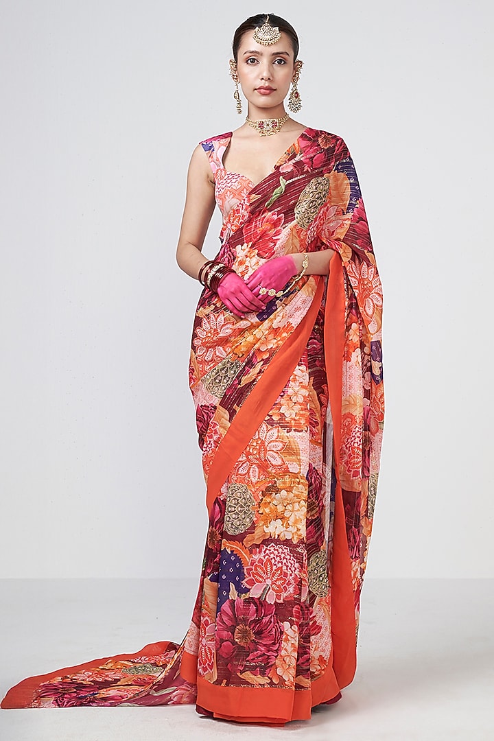 Crimson Red Crepe Coin Embroidered Wedding Saree Set by Rishi & Vibhuti at Pernia's Pop Up Shop