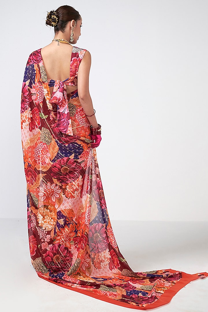 Crimson Red Crepe Coin Embroidered Wedding Saree Set by Rishi & Vibhuti at Pernia's Pop Up Shop