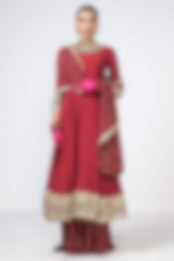 Cherry Red Chanderi Tassels Embellished Wedding Anarkali Set by Rishi & Vibhuti at Pernia's Pop Up Shop