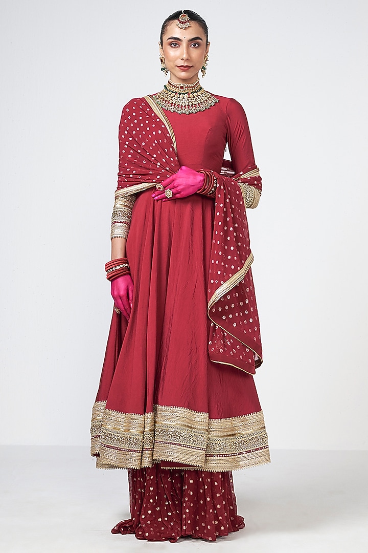 Cherry Red Chanderi Tassels Embellished Wedding Anarkali Set by Rishi & Vibhuti at Pernia's Pop Up Shop