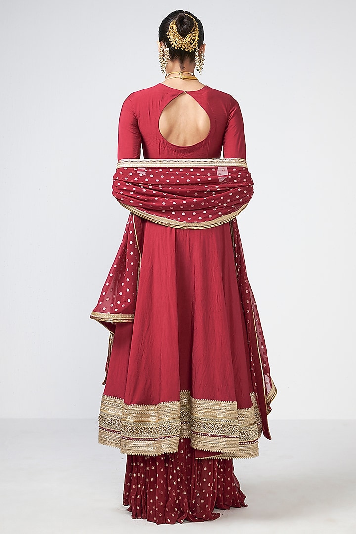 Cherry Red Chanderi Tassels Embellished Wedding Anarkali Set by Rishi & Vibhuti at Pernia's Pop Up Shop