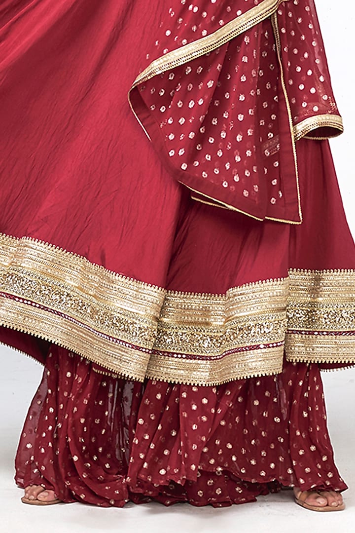 Cherry Red Chanderi Tassels Embellished Wedding Anarkali Set by Rishi & Vibhuti at Pernia's Pop Up Shop