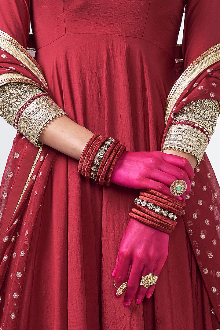 Cherry Red Chanderi Tassels Embellished Wedding Anarkali Set by Rishi & Vibhuti at Pernia's Pop Up Shop