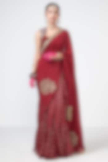 Cherry Red Crepe Applique Embroidered Wedding Saree Set by Rishi & Vibhuti at Pernia's Pop Up Shop