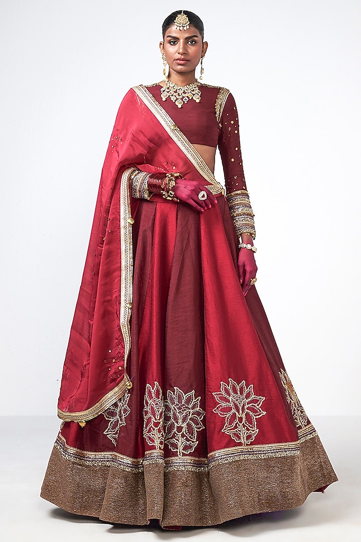 Cherry Red Dupion Applique Embroidered Wedding Lehenga Set by Rishi & Vibhuti at Pernia's Pop Up Shop