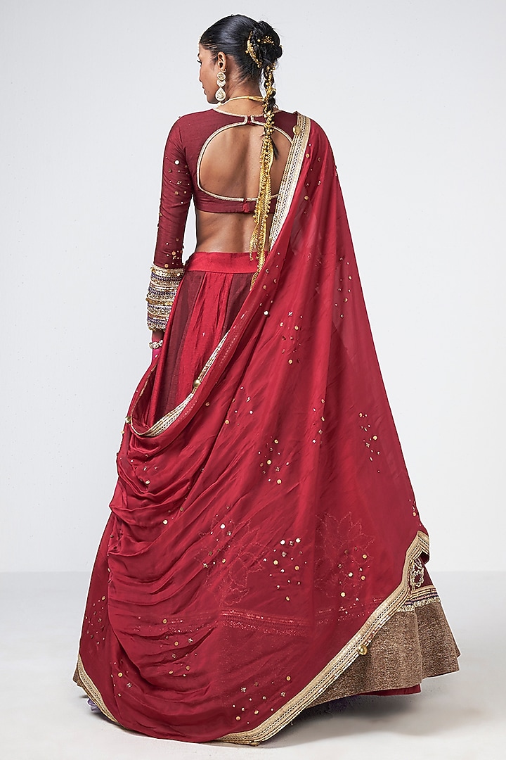 Cherry Red Dupion Applique Embroidered Wedding Lehenga Set by Rishi & Vibhuti at Pernia's Pop Up Shop