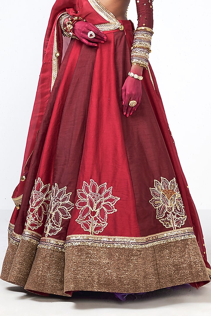 Cherry Red Dupion Applique Embroidered Wedding Lehenga Set by Rishi & Vibhuti at Pernia's Pop Up Shop