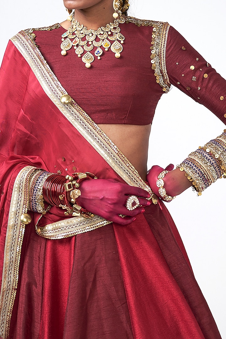 Cherry Red Dupion Applique Embroidered Wedding Lehenga Set by Rishi & Vibhuti at Pernia's Pop Up Shop