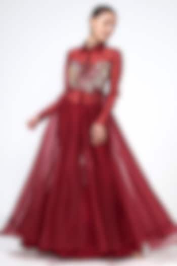 Cherry Red Crepe Hand Embroidered Cape Set by Rishi & Vibhuti at Pernia's Pop Up Shop