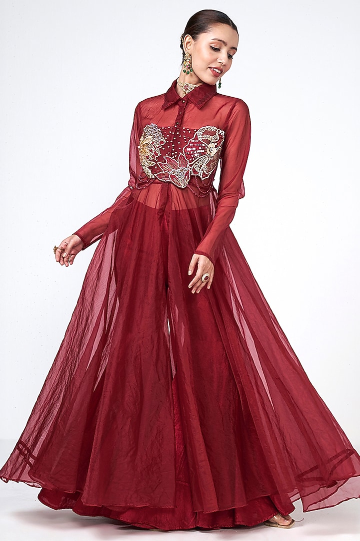 Cherry Red Crepe Hand Embroidered Cape Set by Rishi & Vibhuti at Pernia's Pop Up Shop