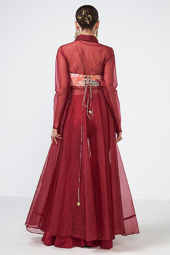 Cherry Red Crepe Hand Embroidered Cape Set by Rishi & Vibhuti at Pernia's Pop Up Shop