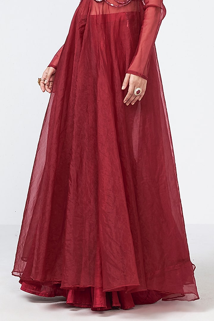 Cherry Red Crepe Hand Embroidered Cape Set by Rishi & Vibhuti at Pernia's Pop Up Shop