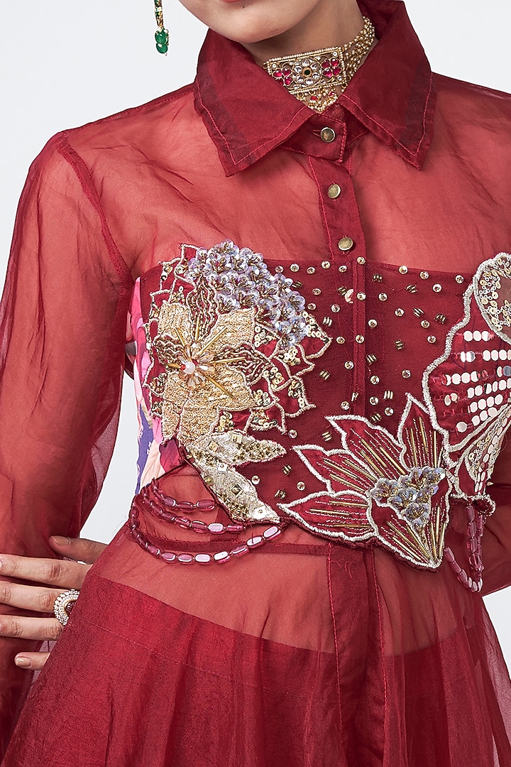 Cherry Red Crepe Hand Embroidered Cape Set by Rishi & Vibhuti at Pernia's Pop Up Shop