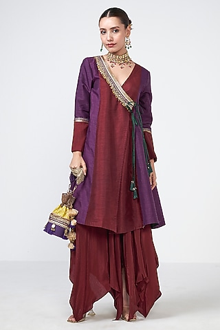 Cola-Colored & Purple Crepe Embroidered Kurta Set by Rishi & Vibhuti