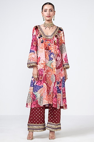 Cola-Colored Crepe Coin Embroidered Kurta Set by Rishi & Vibhuti