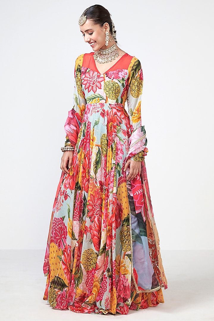 Aqua Georgette Lurex Wedding Anarkali With Dupatta by Rishi & Vibhuti at Pernia's Pop Up Shop