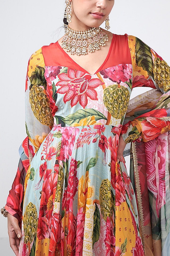 Aqua Georgette Lurex Wedding Anarkali With Dupatta by Rishi & Vibhuti at Pernia's Pop Up Shop