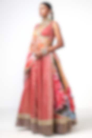 Coral Chanderi Applique Embroidered Wedding Lehenga Set by Rishi & Vibhuti at Pernia's Pop Up Shop