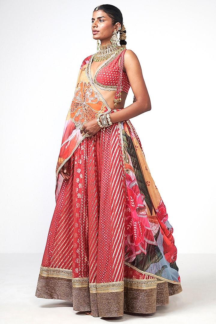 Coral Chanderi Applique Embroidered Wedding Lehenga Set by Rishi & Vibhuti at Pernia's Pop Up Shop