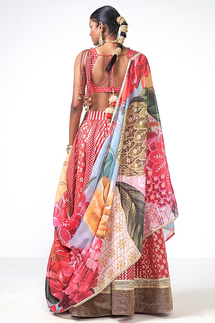 Coral Chanderi Applique Embroidered Wedding Lehenga Set by Rishi & Vibhuti at Pernia's Pop Up Shop