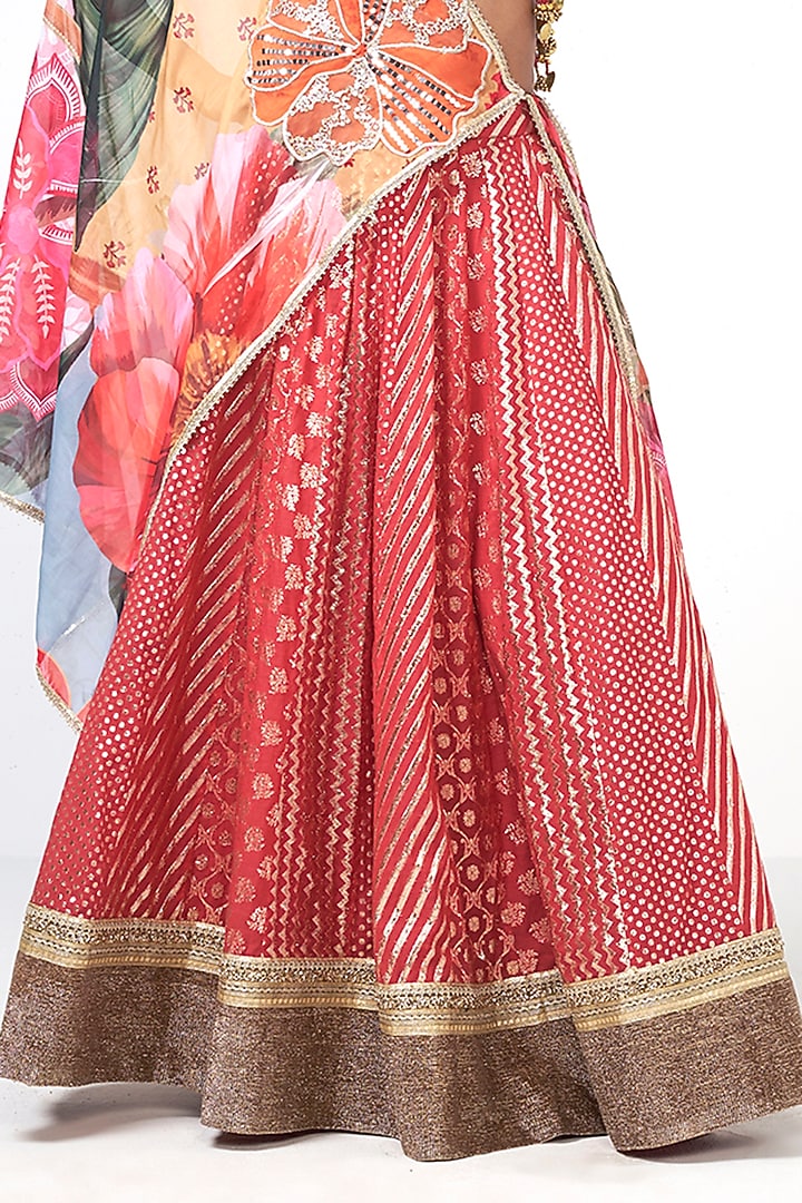 Coral Chanderi Applique Embroidered Wedding Lehenga Set by Rishi & Vibhuti at Pernia's Pop Up Shop