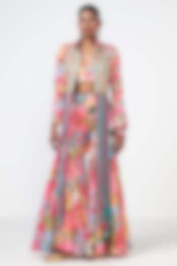 Cyan Blue Crepe Applique Embroidered Jacket Set by Rishi & Vibhuti at Pernia's Pop Up Shop