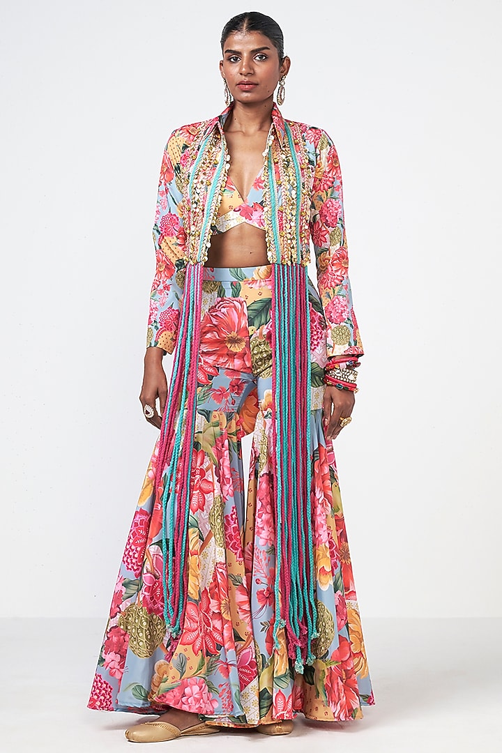 Cyan Blue Crepe Applique Embroidered Jacket Set by Rishi & Vibhuti at Pernia's Pop Up Shop